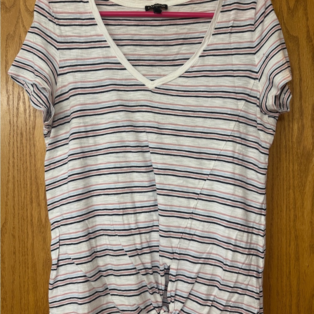 Express Short Sleeve V-Neck Tie-Front Top - White, Navy & Pink Stripes